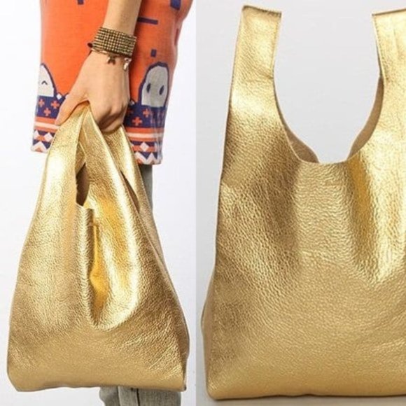 BAGGU Bags Baggu Metallic Gold Medium Leather Bag Shopper Hobo Tote